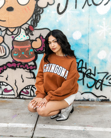 Chingona Varsity Sweater - Burnt Brown/White